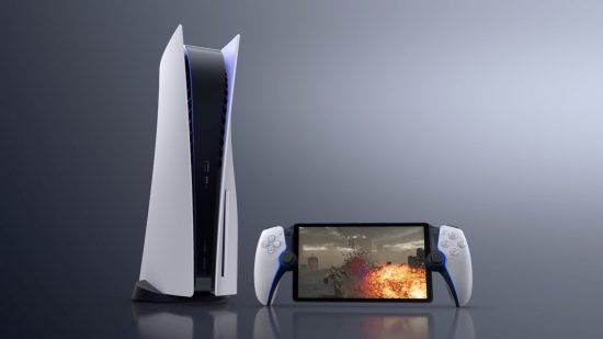 Sony PS5 console next to a handheld console
