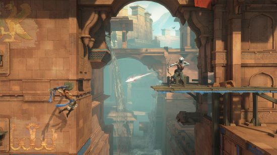 Prince of Persia The Lost Crown: An image of gameplay depicting the main character swinging on a pole while an enemy shoots a bow.