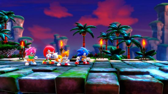 Sonic Superstars characters: From left to right, Amy Rose, Knuckles, Tails, and Sonic ready to run.