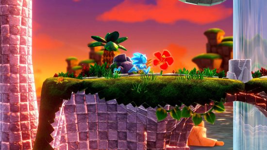 Sonic Superstars gameplay: Sonic glowing blue while running through the Northstar Islands at sunset.