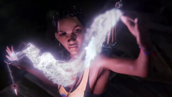 South of Midnight gameplay: Hazel looking at the camera with a confident expression as she weaves magic between her hands.