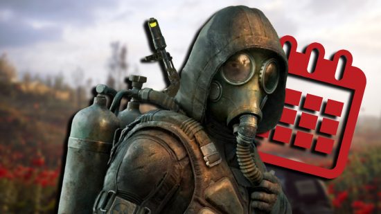 Stalker 2 release date: A person wearing a gas mask and hood, with a weapon on their back. A calendar icon and blurred image of gameplay are in the background.