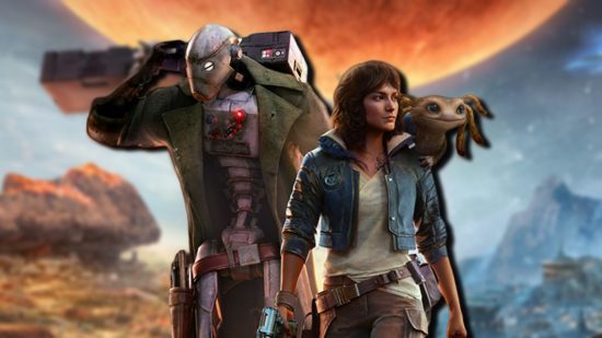 Star Wars Outlaws multiplayer: Kay Vess and her droid companion against a blurred background of promotional art for the game.