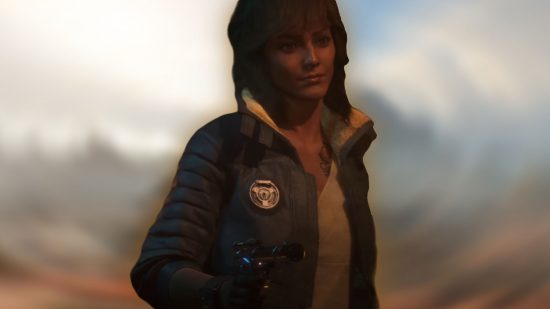 Star Wars Outlaws weapons: Kay holding her blaster at the ready.