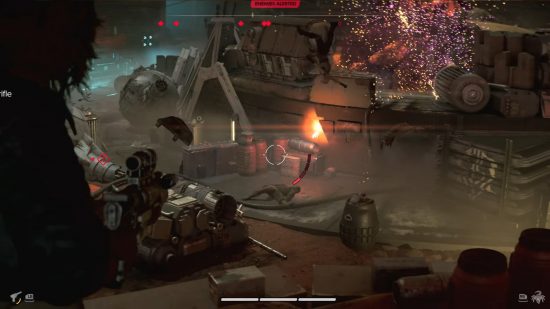 Star Wars Outlaws weapons: Kay using the A300 blaster rifle against a group of enemies.