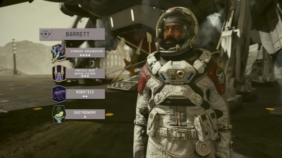Starfield companions: Barrett wearing a space suit. Their companion skills are displayed to the left.
