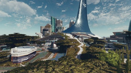 Starfield New Atlantis: A view of the city at day time, with a large metallic building.