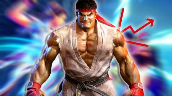 Lista de 6 niveles Street Fighter: Ken de pie con una presencia imponente, mirando directamente hacia adelante. Un icono de gráfico de línea está escondido detrás es el hombro a la derecha de la imagen