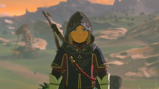 The Legend of Zelda Tears of the Kingdom review: Link looking directly ahead, wearing a blue hood and tunic. A stable and green hills can be seen in the blurred background.
