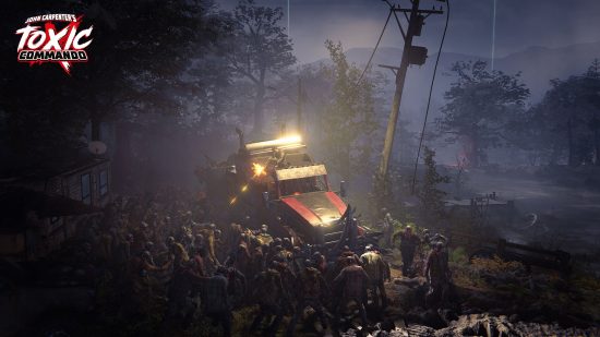 Toxic Commando release date: A truck driving through a horde of zombies at night.