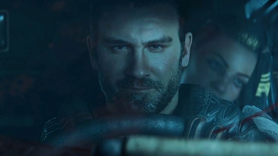 Toxic Commando release date: A male character holding the steering wheel looking directly into the camera with a smug expression.