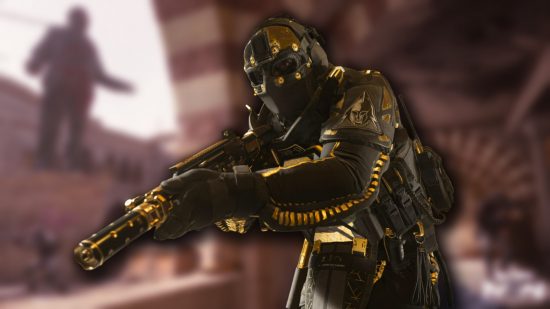 How to unlock the Tempus Razorback in Warzone: A soldier wearing black and gold armor, including a mask, running holding a weapon.