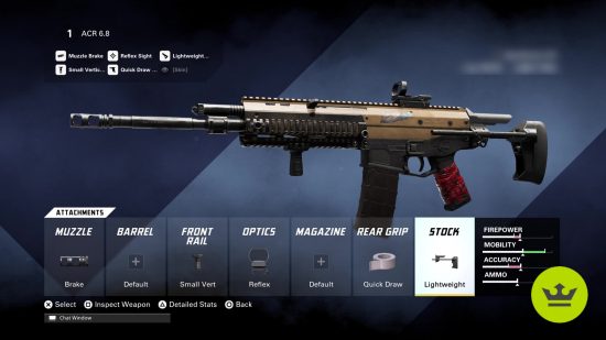XDefiant ACR loadout: The ACR in the weapon customization screen.