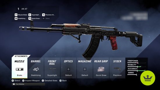 XDefiant AK-47 loadout: The weapon customization screen showing the AK-47.