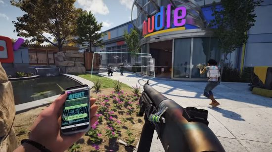 XDefiant Factions: A first-person screenshot of gameplay showing a DedSec player holding a shotgun and phone.