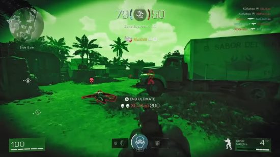 XDefiant Factions: A first-person screenshot of gameplay depicting an Echelon player in their ultimate, tinting the screen green and highlighting enemies.