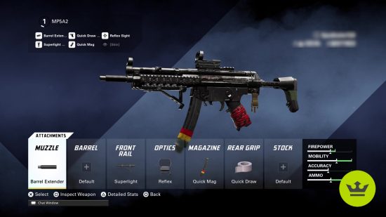 XDefiant MP5 loadout: An MP5A2 build in the weapon customization screen.