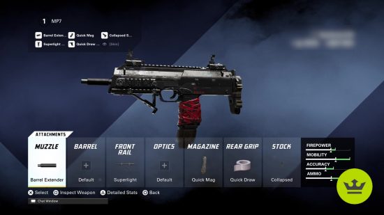 XDefiant MP7 loadout: The weapon customization screen for the MP7.