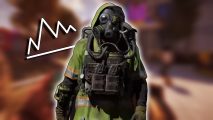 XDefiant meta: A Cleaner wearing a hi-vis coat, body armor, and gas mask against a blurred background.