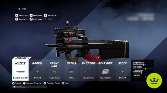 XDefiant P90 loadout: The weapon customization screen showing the P90.