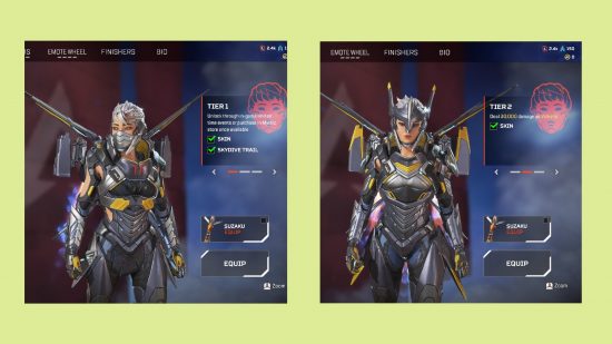 Apex Legends Valkyrie prestige skin: an image of Tier 1 and Tier 2 of the leaked FPS skin