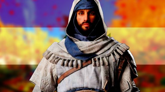 Assassin's Creed Mirage Arabic voice dub need lip sync: an image of Basim with the Iraq flag behind him