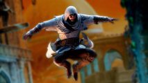 Assassin's Creed Mirage gameplay walkthrough new features: an image of Basim leaping on an orange background from the RPG game