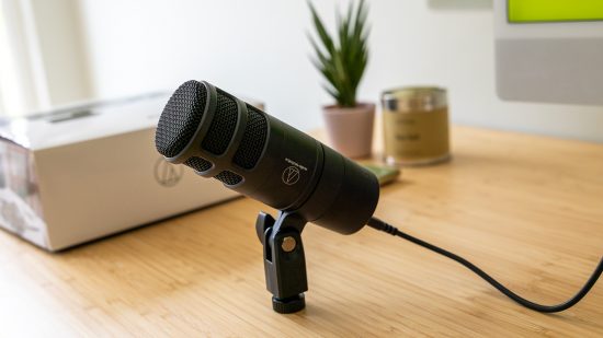 The Audio-Technica AT2040USB microphone on a desk being tested