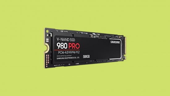 Best SSDs for PS5: Samsung 980 Pro SSD in front of a green background