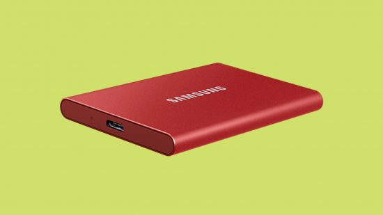 Best SSDs for PS5: Samsung T7 Portable SSD in front of a green background