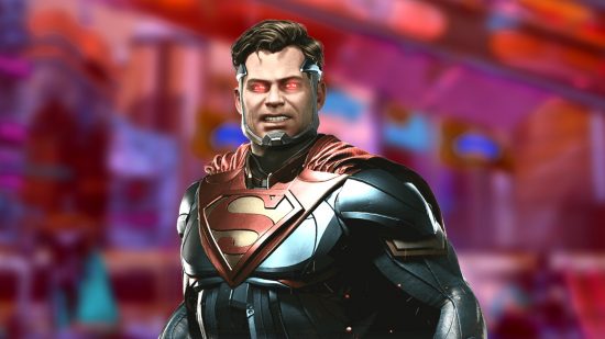 Permainan Pertempuran Terbaik: Superman dari Injustice 2 di depan latar belakang kota metropolis ungu-merah
