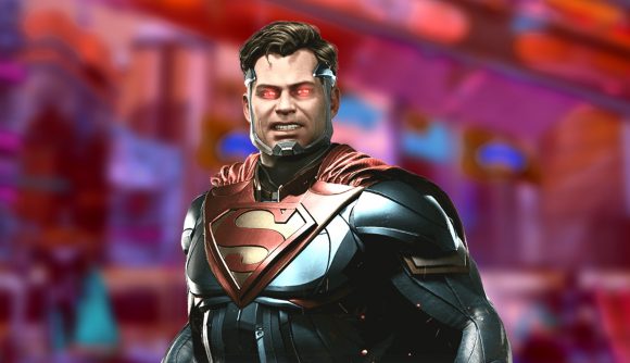 Best fighting games: Superman from Injustice 2 in front of a purple-pink Metropolis background