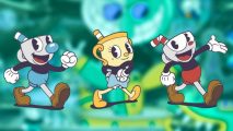 Best Switch co-op games: Cuphead and friends in front of a blue-tinged Cuphead level