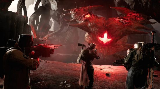 Best Xbox co-op games: Characters shooting at a boss in Remnant 2