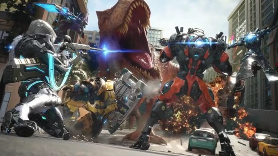 Best Xbox Game Pass games: Exosuits fighting a T-Rex in Exoprimal.