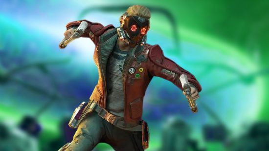Best Xbox RPG games: Starlord about to hit an enemy in front of a Guardians of the Galaxy game level