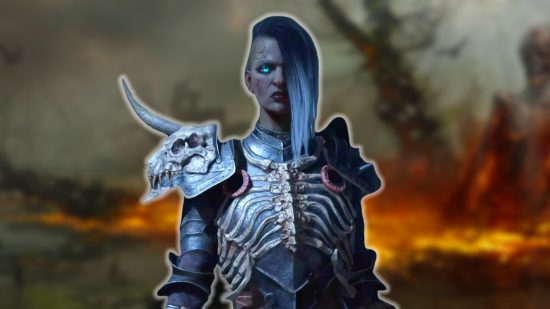 Diablo 4 necromancer: A woman with half-shaved silver hair and wearing silver, skeletal armor stands in front of a fiery backdrop
