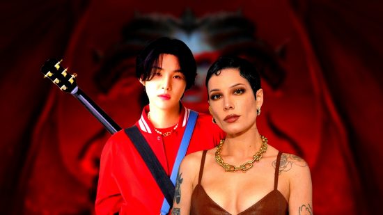 Diablo 4 Lilith song Halsey Suga BTS: an image of the two artists before a blurry image of the demon mother from the RPG