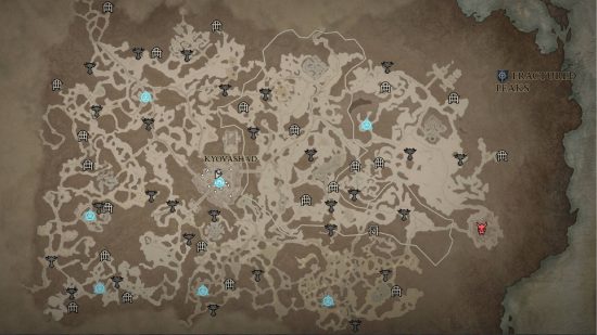Diablo 4 sanctuary map: A top down view of the Sanctuary map with some blue icons marking points of interest