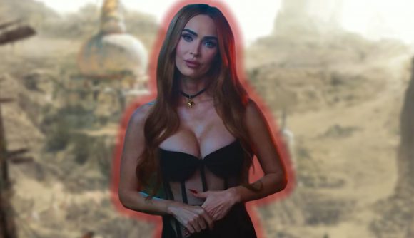 Diablo 4 Megan Fox: Megan Fox wearing a black corset, with a blurred desert backdrop from Diablo 4 behind her