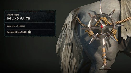 Diablo 4 mount: An in-game screenshot of the Bound Faith mount trophy, a metal artifact which is strapped to the side of a horse