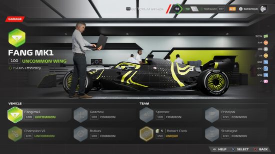 F1 23 review F1 World garage: an image of a menu in the racing game