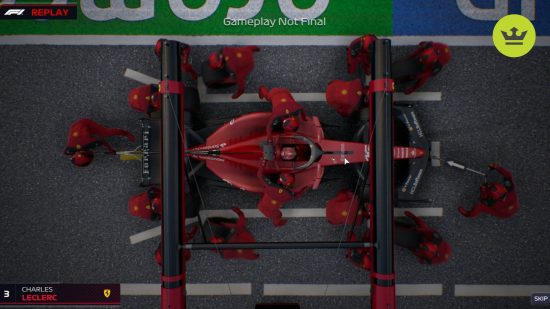 F1 Manager 2023 gameplay preview Ferrari Pit: an image of LeClerc in the pit from above