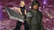 Clive Rosfield from Final Fantasy 16 and Cloud from FF7R in front of a pink Midgar