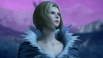 Benedikta Harman from Final Fantasy 16 looking up in front of a pink and purple background