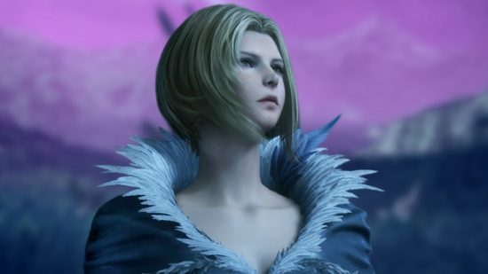 Benedikta Harman from Final Fantasy 16 looking up in front of a pink and purple background