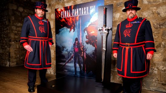 Final Fantasy 16 Clive sword Tower of London: an image of beefeaters with the sword in the museum