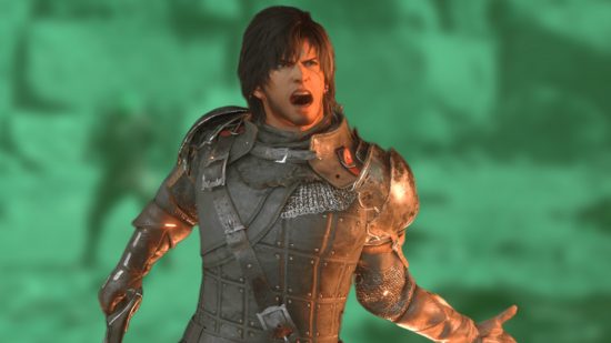 Final Fantasy 16 motion blur: Clive using Rising Flames in Final Fantasy 16 in front of a green background