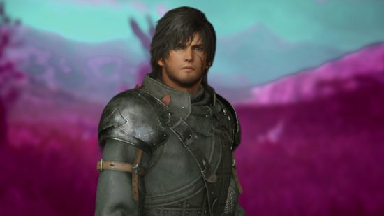 Final Fantasy 16 photo mode: Clive Rosfield from Final Fantasy 16 imposed on a blue and purple Valisthea