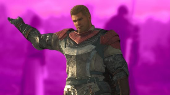 Final Fantasy 16 quests: Soldier of Rosaria in Final Fantasy 16 in front of a pink background